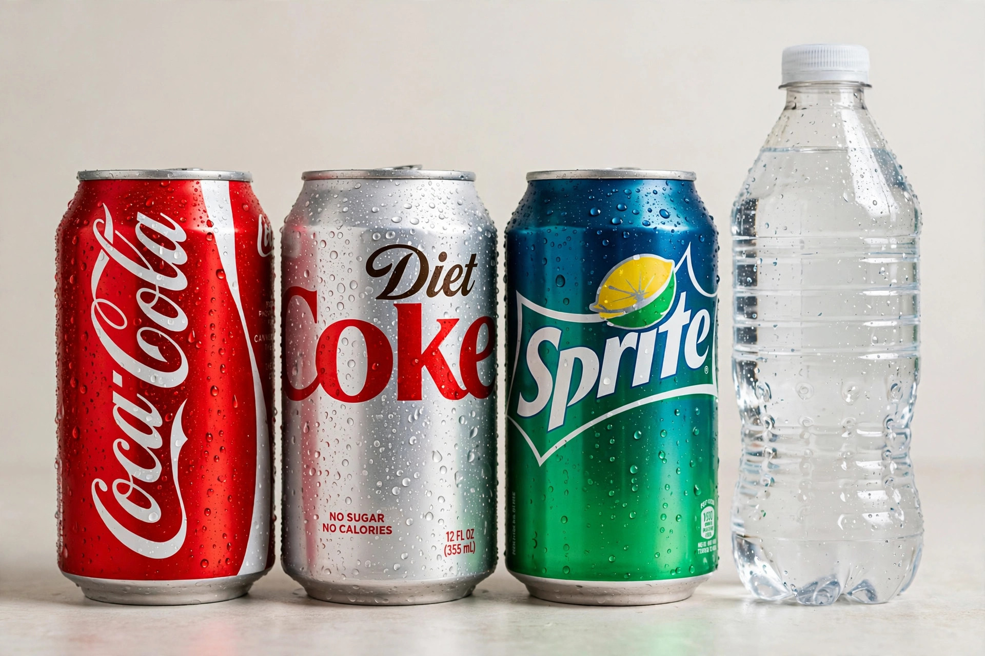 Coke, Diet Coke, Sprite, and bottled water