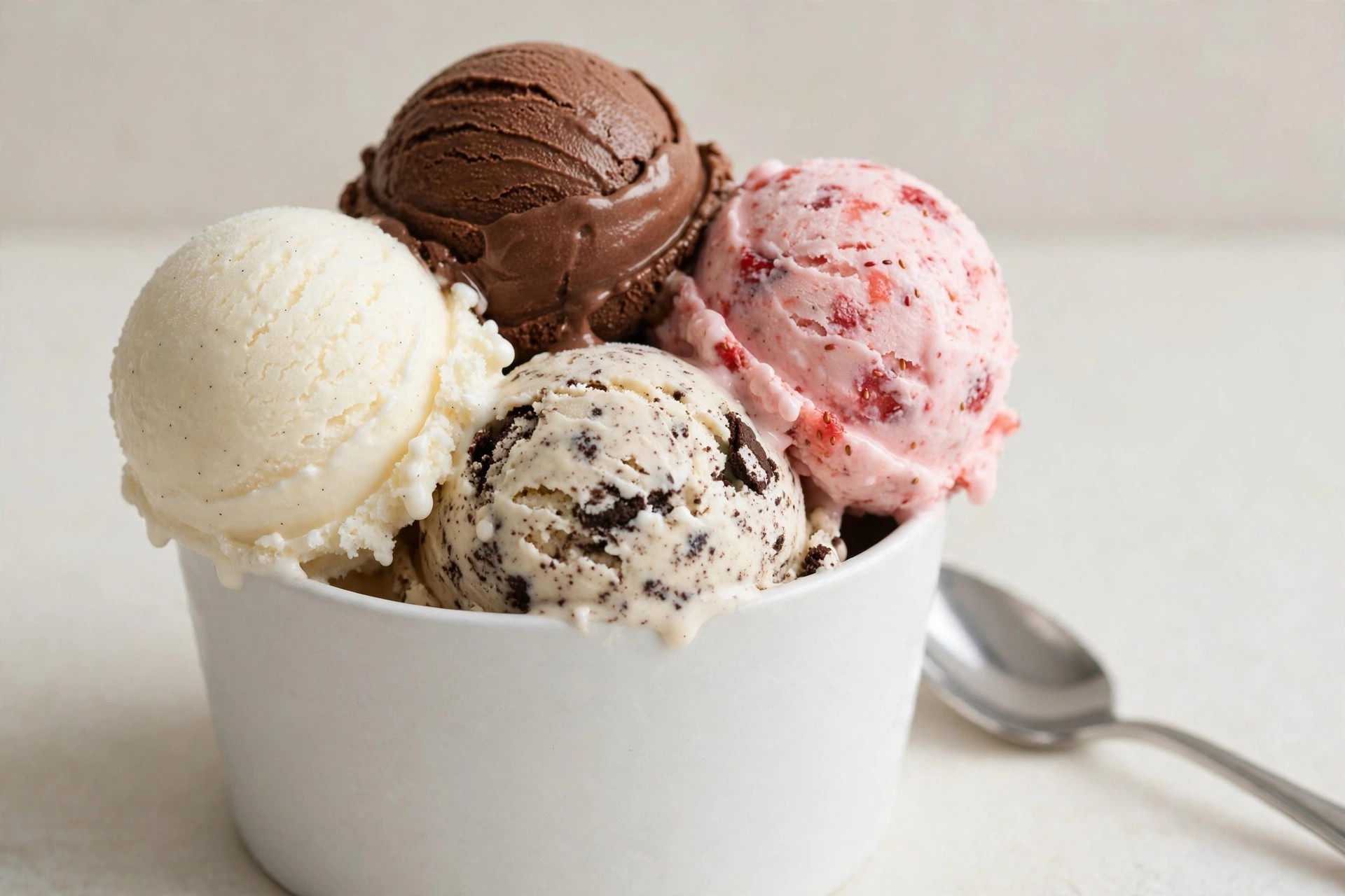 Scoops of vanilla, chocolate, cookies and cream, and strawberry ice cream