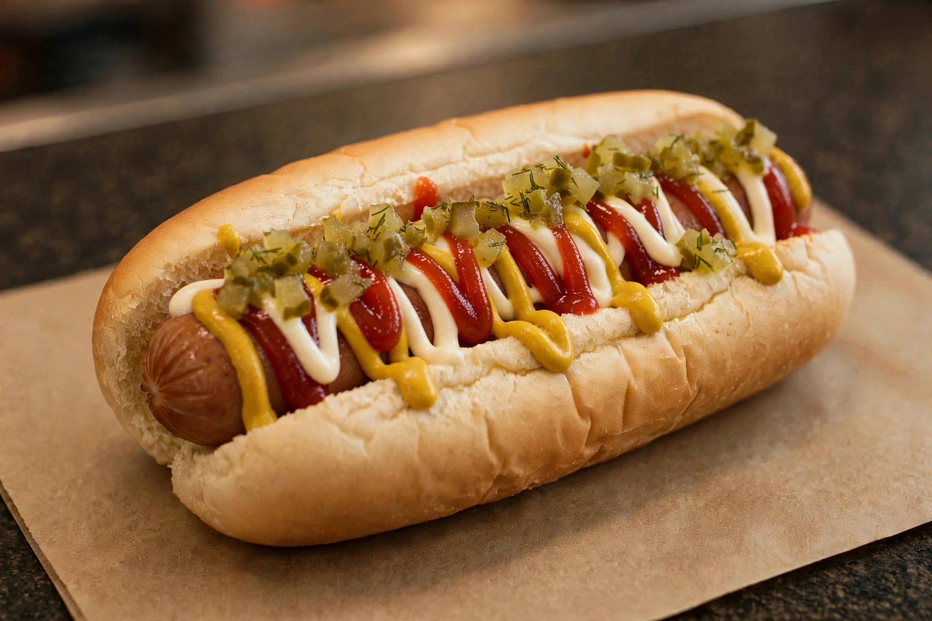 Quarter-pound beef hot dog topped with ketchup, mustard, mayo, and relish