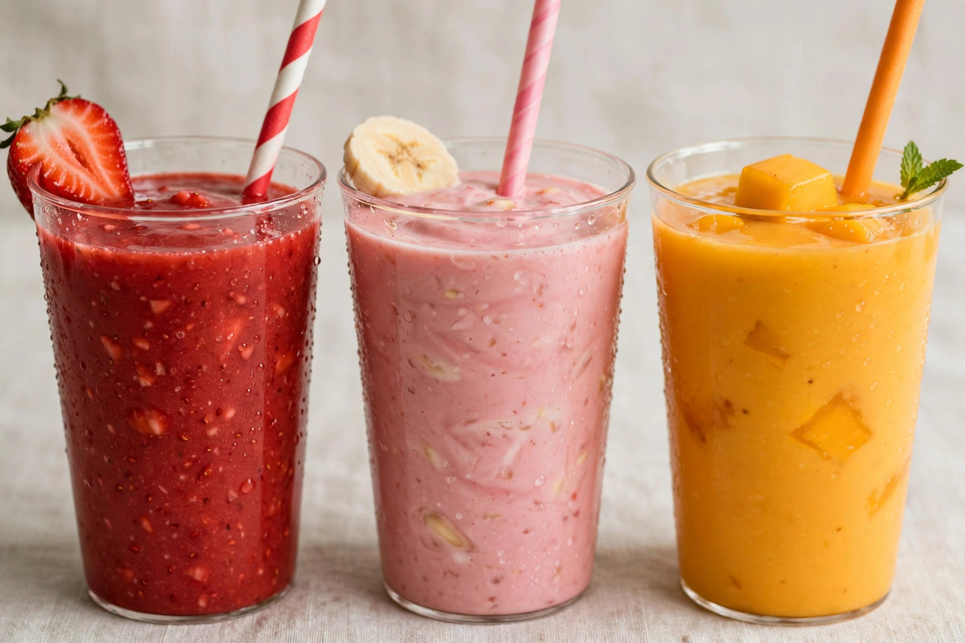 Strawberry, strawberry-banana, and mango smoothies
